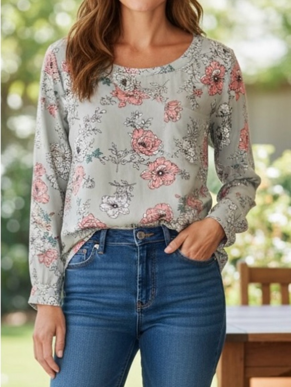 LOFT Floral Scoop-Neck Long Sleeve Top